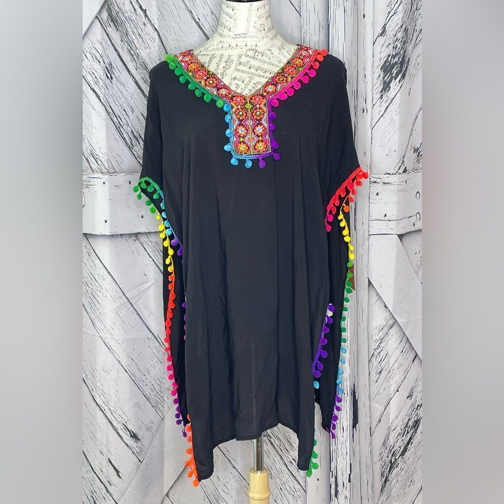 Beach by Exist Beach Coverup Poncho Rainbow Pompoms OS